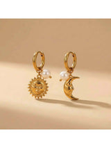 Moon and Sun Charm Pearl Hoop Earrings - GOLD