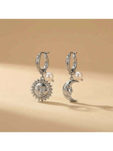 Moon and Sun Charm Pearl Hoop Earrings - SILVER