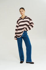 LS POLO TOP - CHOC ROSE STRIPE