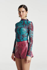 MESH LS ROUCHED SKIVVY-JADE BUTTERFLY