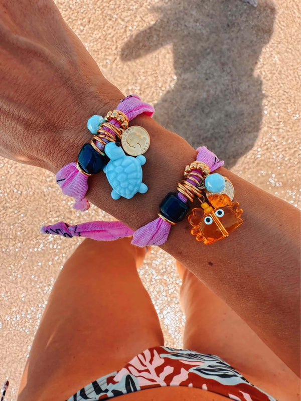 Pink Boho Bandana Bracelets with Ocean Crab