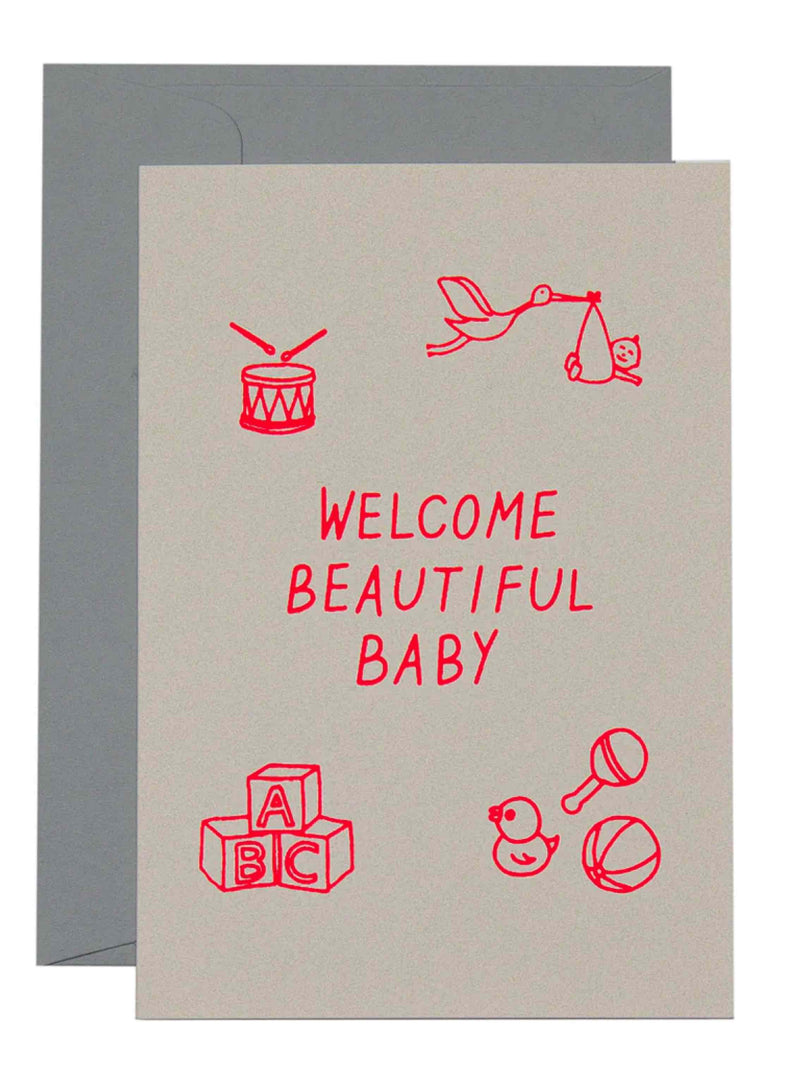 WELCOME BEAUTIFUL BABY - neon coral on blush card
