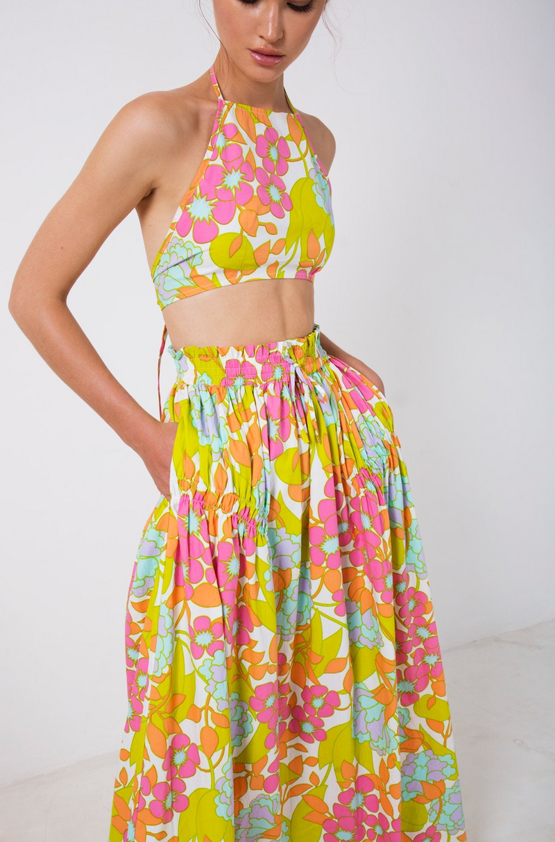 Drawstring Maxi Skirt - En-Flowered